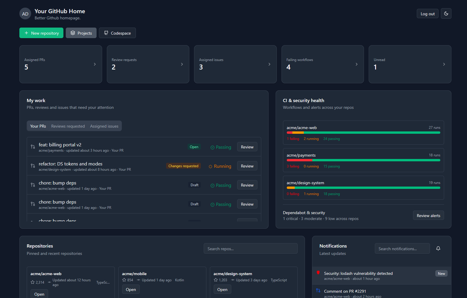 Better GitHub: a cleaner GitHub homepage with actionable widgets