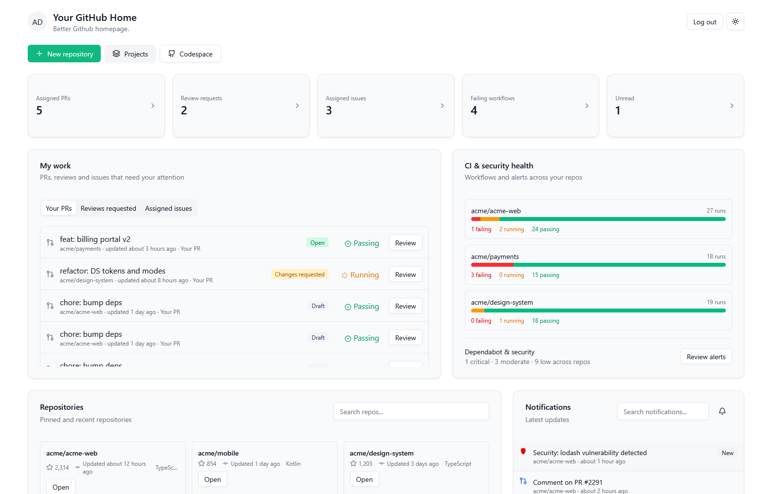 Better GitHub: a cleaner GitHub homepage with actionable widgets